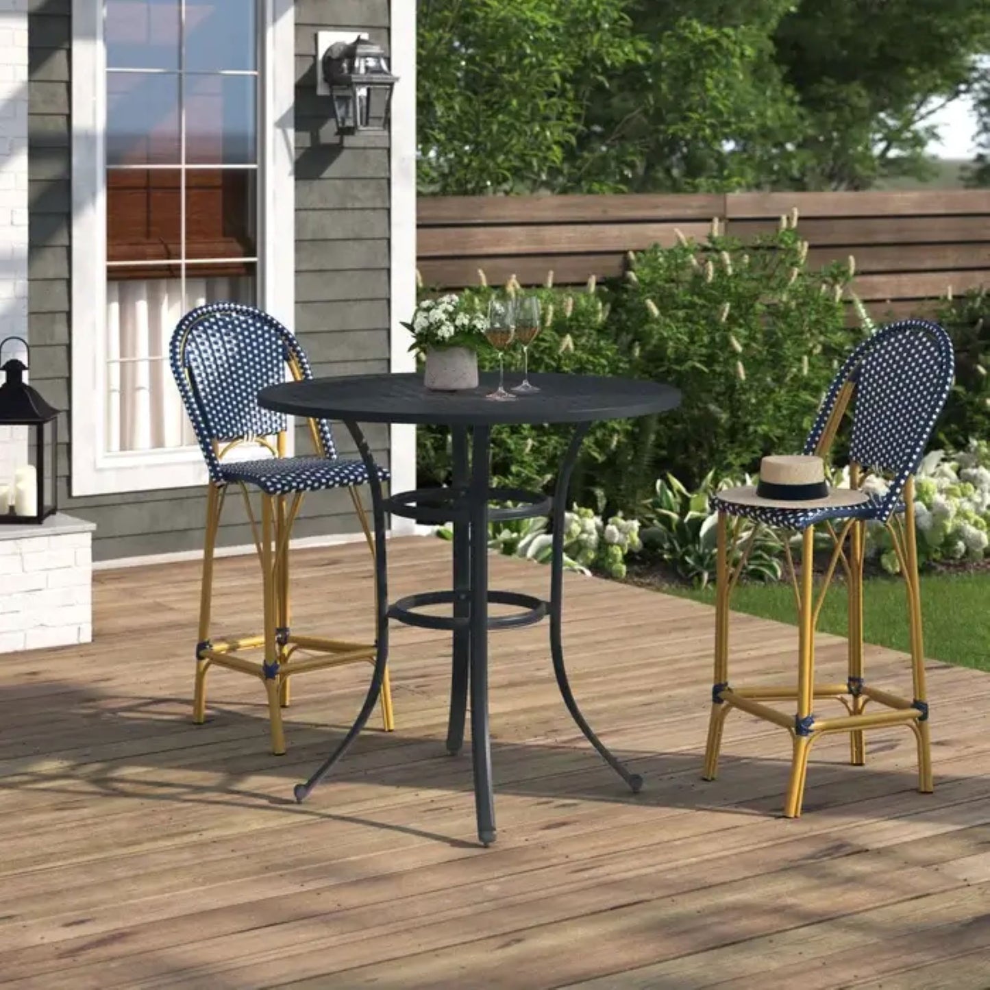 Cast Aluminum Round Counter Table With Lattice Design And Umbrella Hole - Dark Lava Bronze