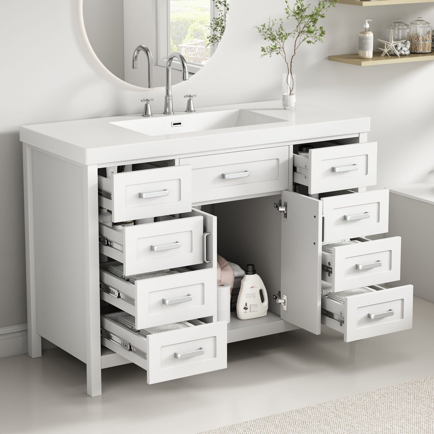 Bathroom Vanity With Sink, 2 Doors 8 Drawers, Soft Close System, Classic Design