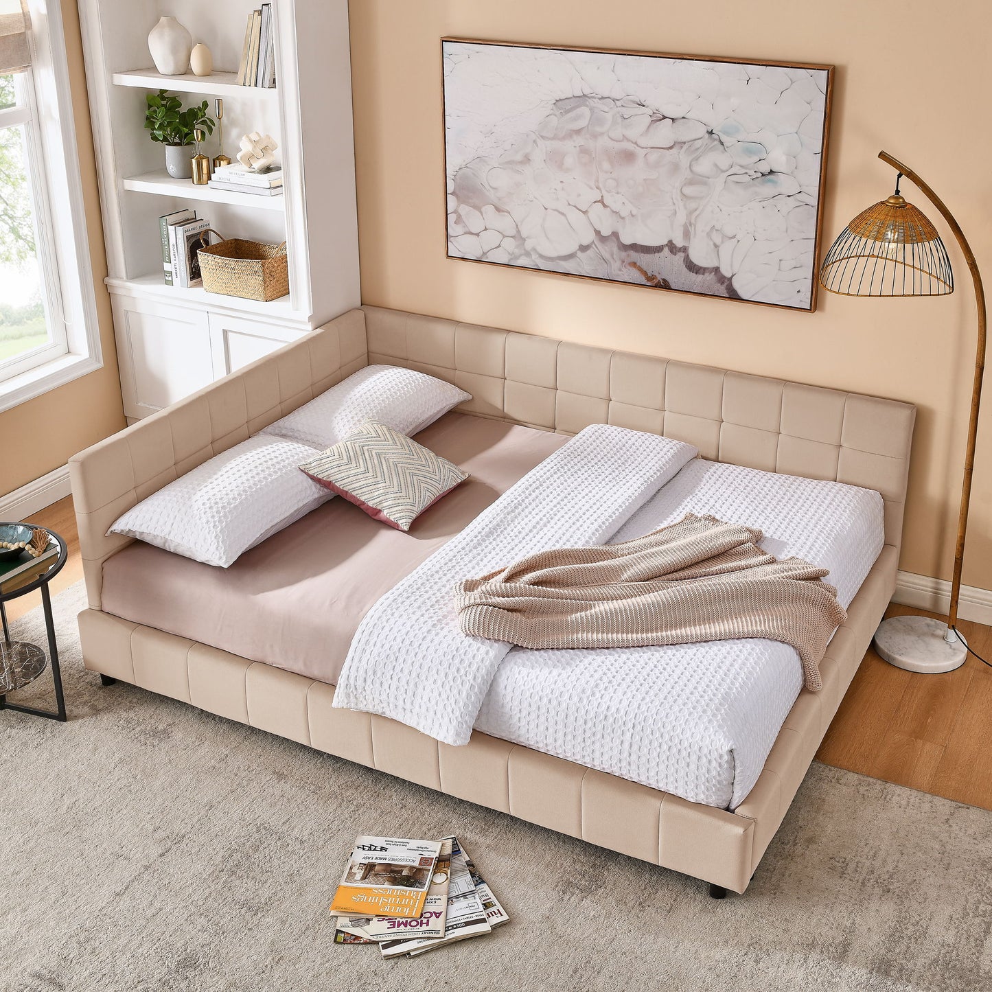 Mid-Century Storage Upholstered Tufted Bed Frame With Backrest And Armrests