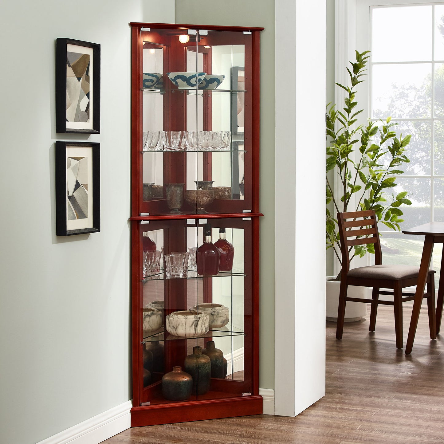 Corner Curio Dispaly Cabinet With Lights, Adjustable Tempered Glass Shelves, Mirrored Back (E26 Light Bulb Not Included) - Cherry