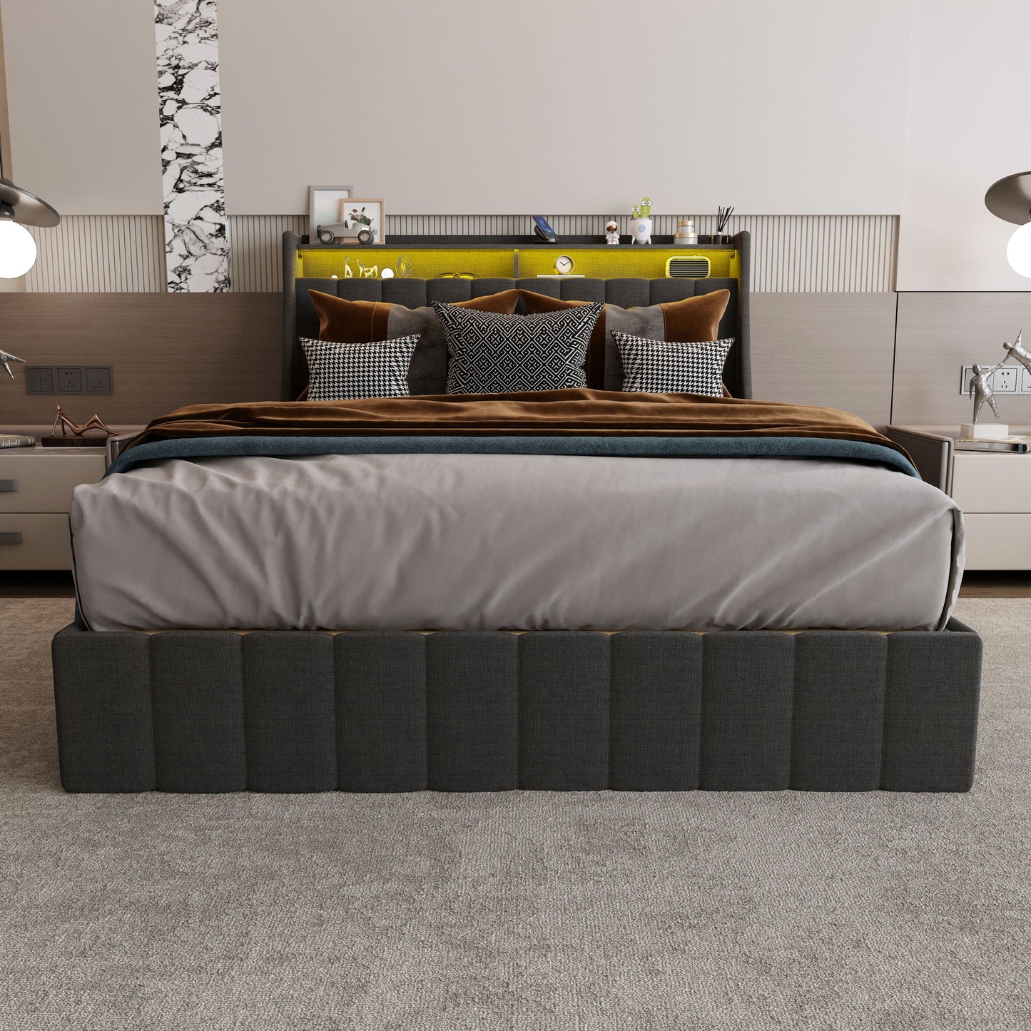Bed With LED Lights, 4 Drawers, Winged Headboard Upholstered