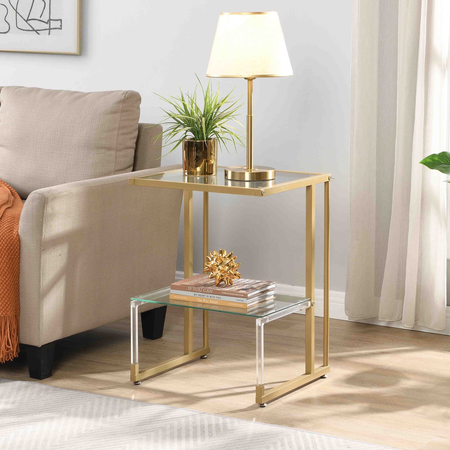 Side Table, 2 Tier Acrylic Glass End Table For Living Room - Gold