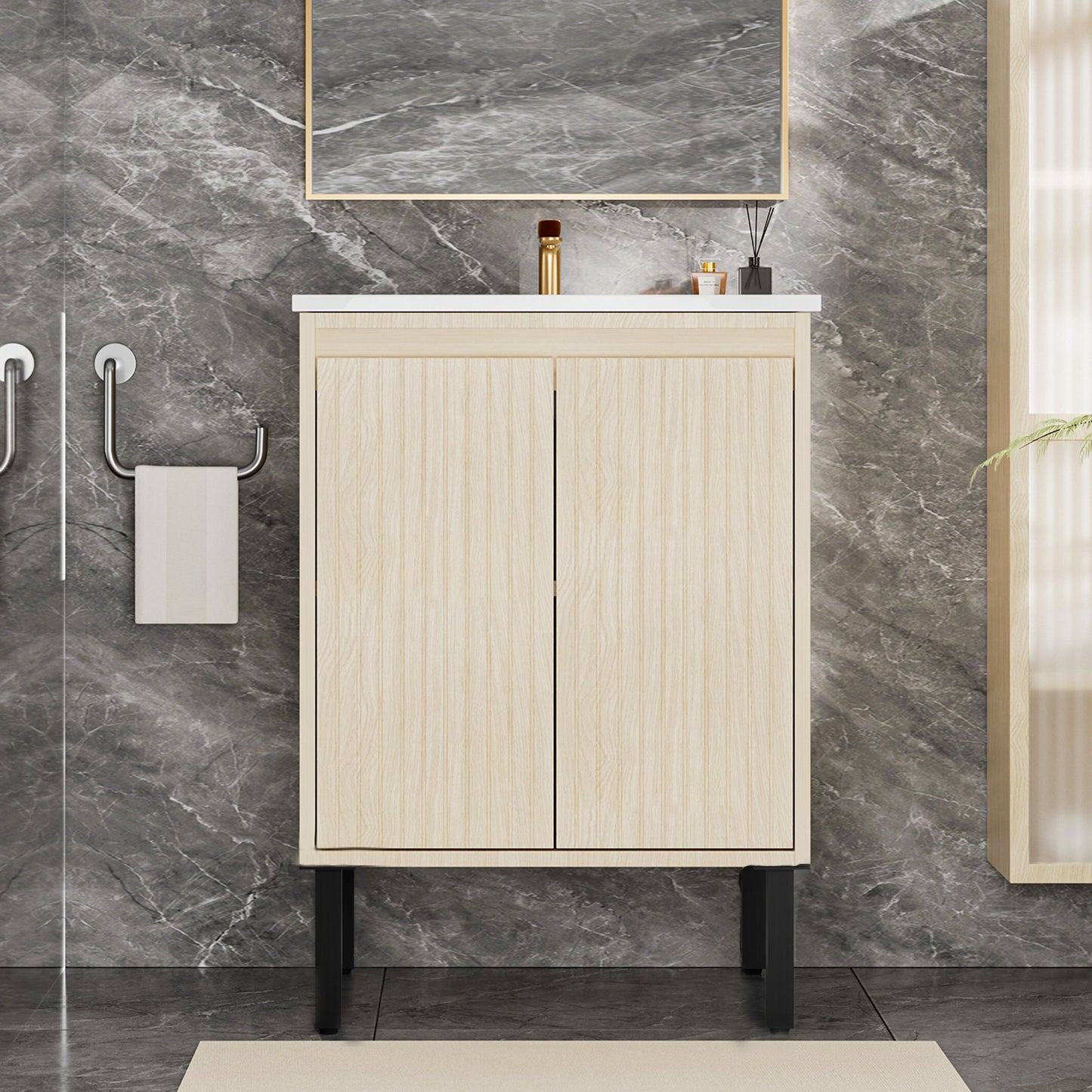 Bathroom Vanity With Ceramic Sink, Floor-Standing Design, Soft-Closing Drawers