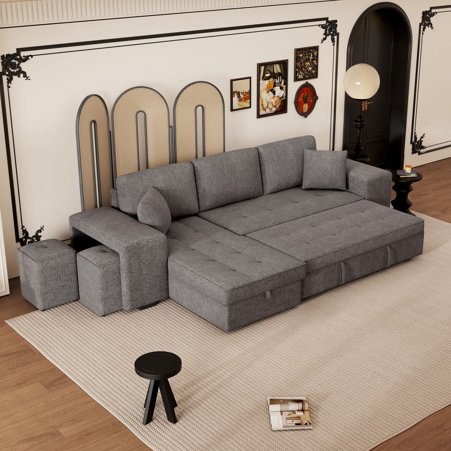 Modern L-Shape 3 Seat Reversible Sectional Couch, Pull Out Sleeper Sofa With Storage Chaise And 2 Stools For Living Room Furniture Set