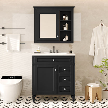 Bathroom Vanity With Top Sink, 2 Doors And 3 Drawers, Freestanding Set With Mirror Cabinet