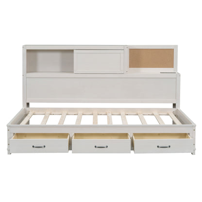 Twin Size Daybed With 3 Storage Drawers, Upper Soft Board, Shelf, And A Set Of Sockets And USB Ports - White