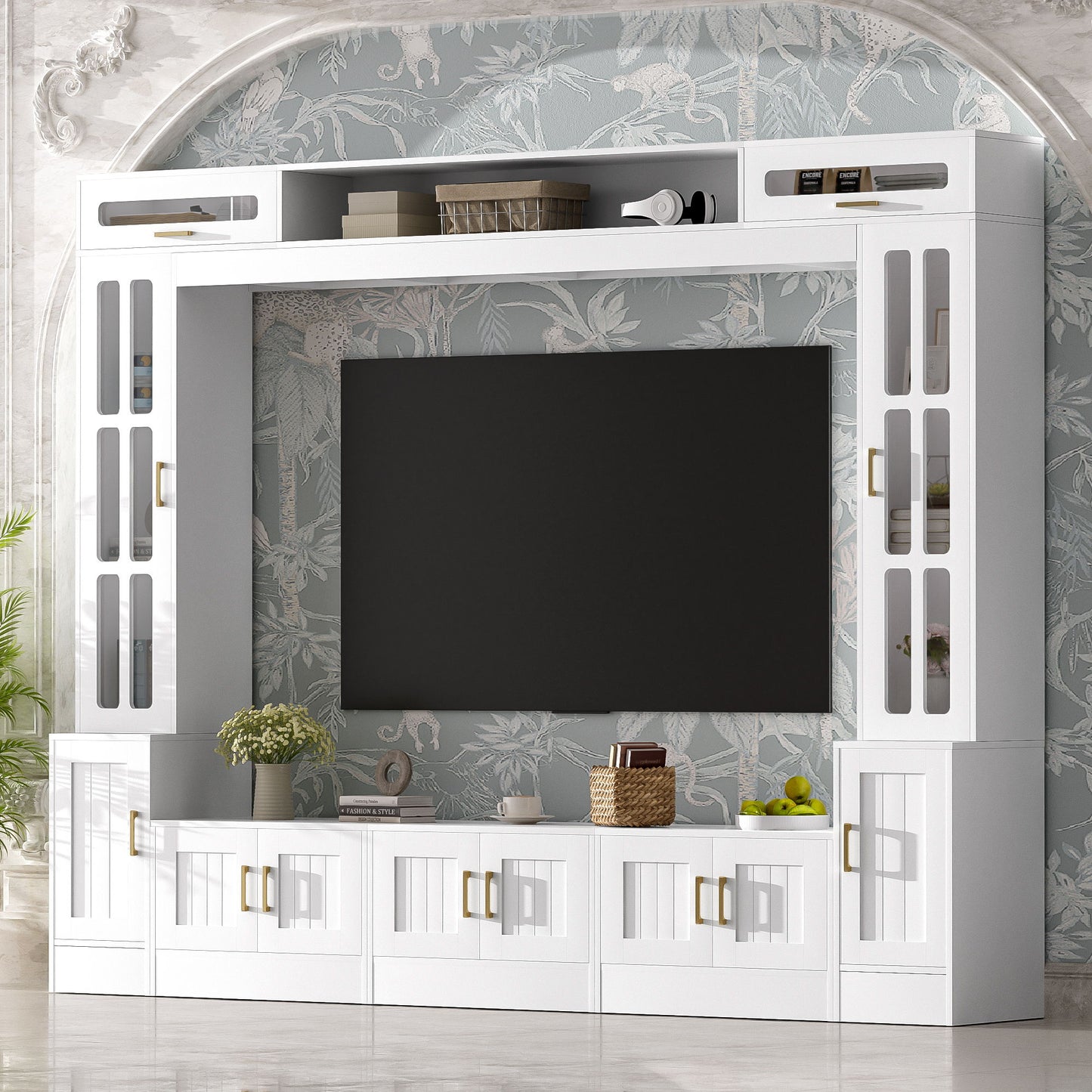 Wall Unit Entertainment Center With Bookshelves For TVs Up To 80"
