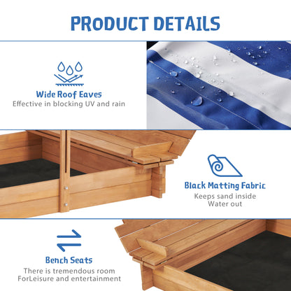 Kids Sandbox With Adjustable Cover, Sand Box With 2 Foldable Bench Seats, Outdoor Sandpit For Backyard Play - Light Brown