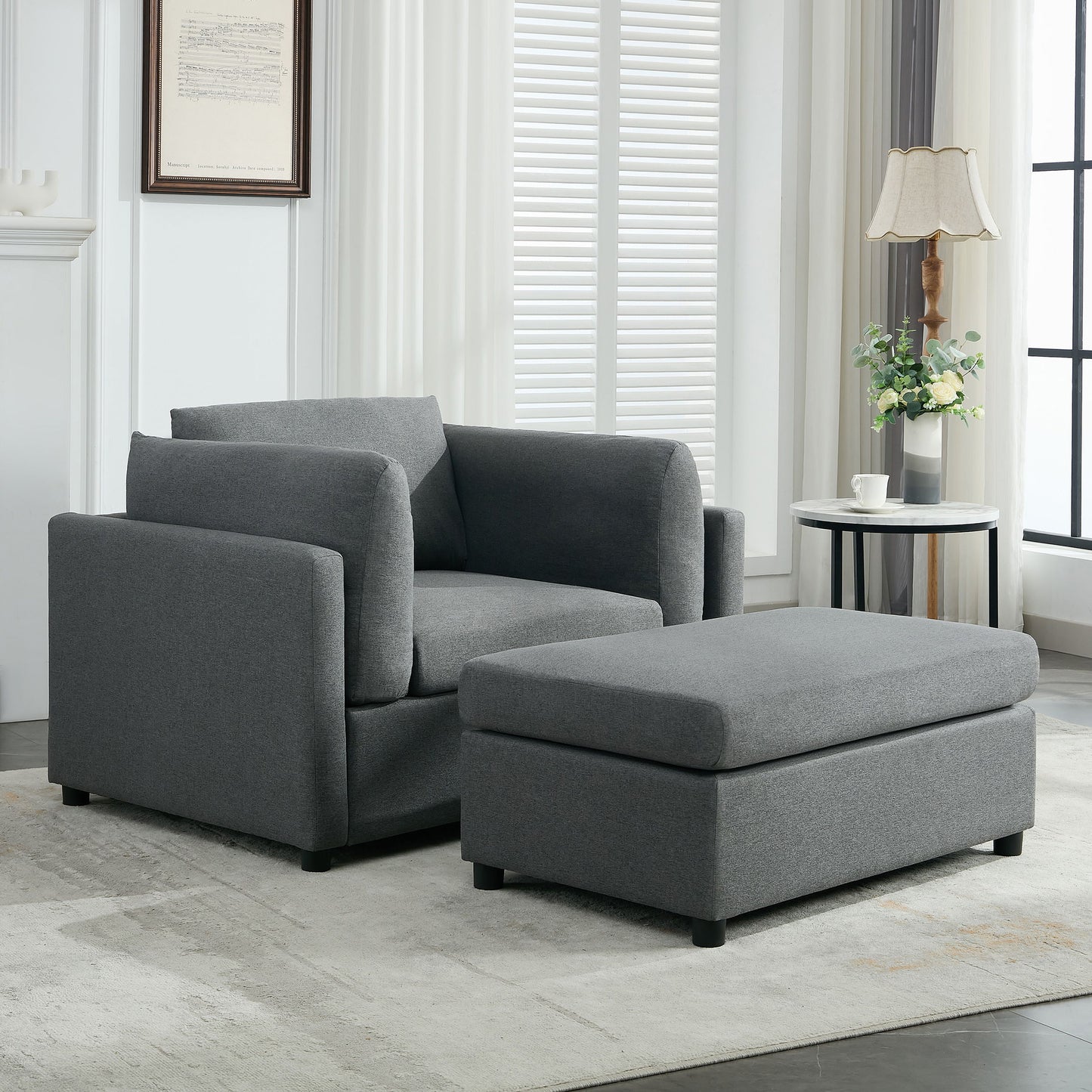 Wide Modern Oversized Armchair With Ottoman Stool, Single Sofa With Lumbar Support, Accent Chair