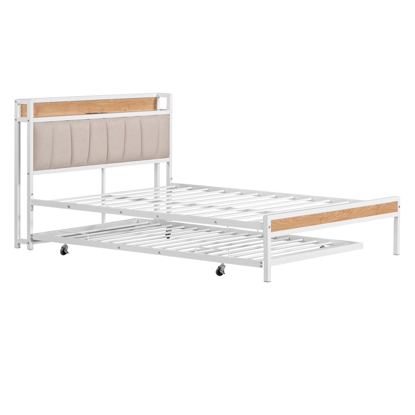 Platform Bed Frame With Trundle, USB Ports And Slat Support, No Box Spring Needed