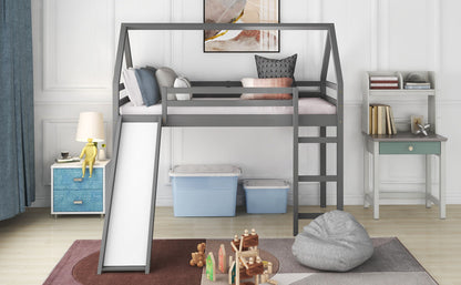 Twin Size House Loft Bed With Slide - Gray
