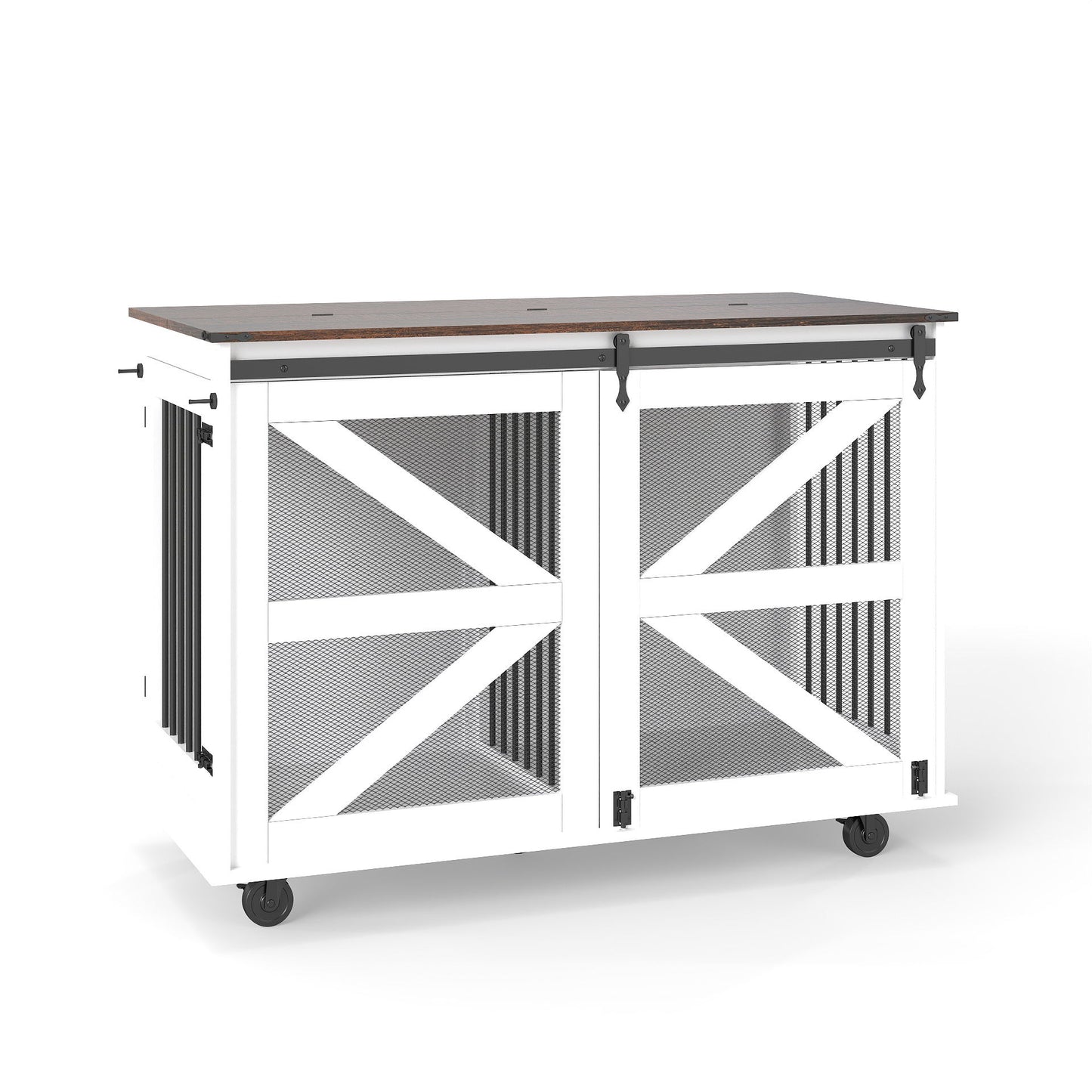 Mobile Dog Crate With Flip Top Feeding Door, Dual Access & 5 Caster System (2 Locking) - Brown White