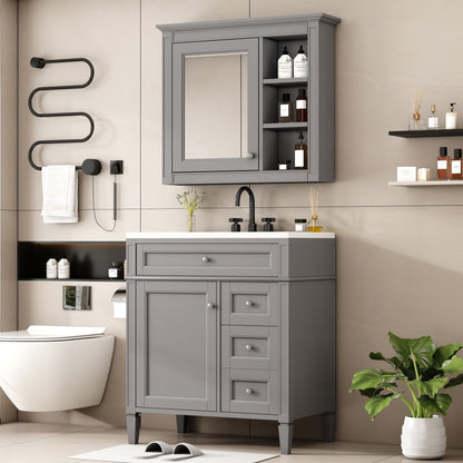 Bathroom Vanity With Top Sink, 2 Doors And 3 Drawers, Freestanding Set With Mirror Cabinet