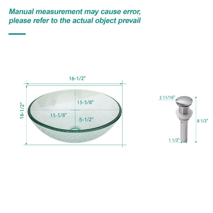 Crackle Vessel Sink, Round Bowl With Pop Up Drain - Clear