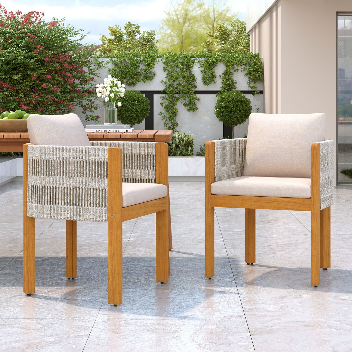 Outdoor Dining Chairs & Rope Handles (Set of 2) - Beige / Teak