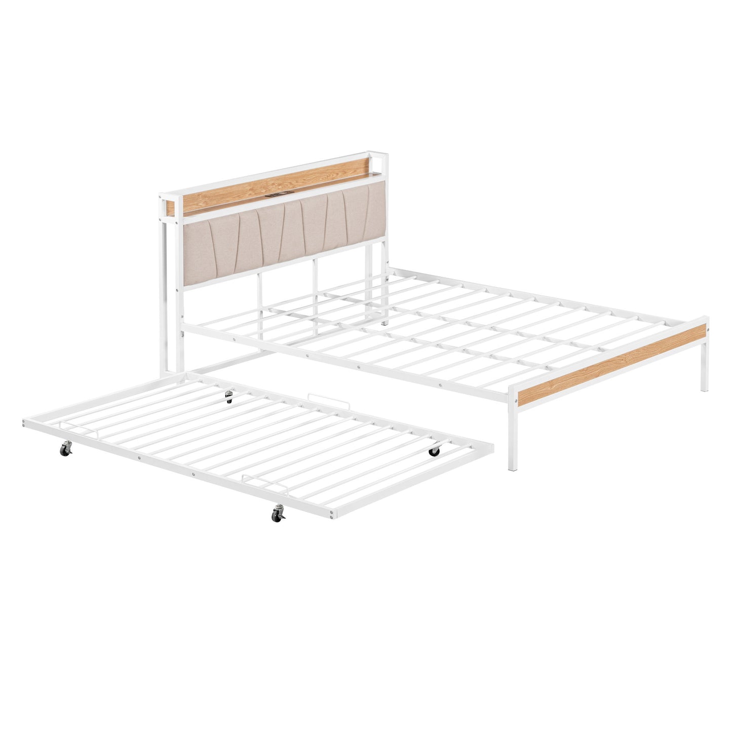 Platform Bed Frame With Trundle, USB Ports And Slat Support, No Box Spring Needed
