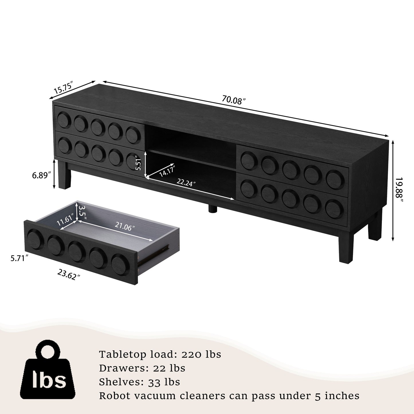 Media Console With 4 Drawers And Cable Management