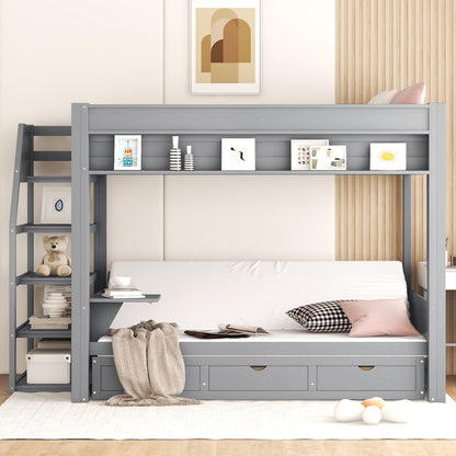 Wood Full Size Convertible Bunk Bed With Storage Staircase, Bedside Table, And 3 Drawers - Gray