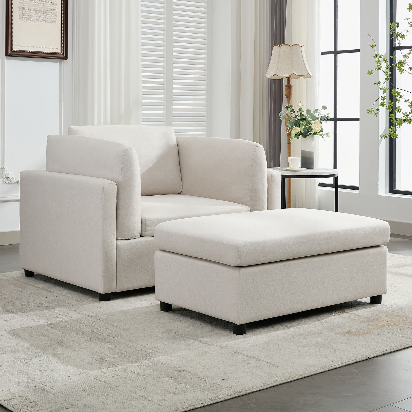 Wide Modern Oversized Armchair With Ottoman Stool, Single Sofa With Lumbar Support, Accent Chair