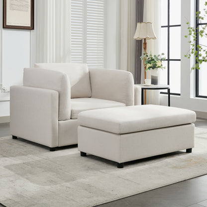 Wide Modern Oversized Armchair With Ottoman Stool, Single Sofa With Lumbar Support, Accent Chair
