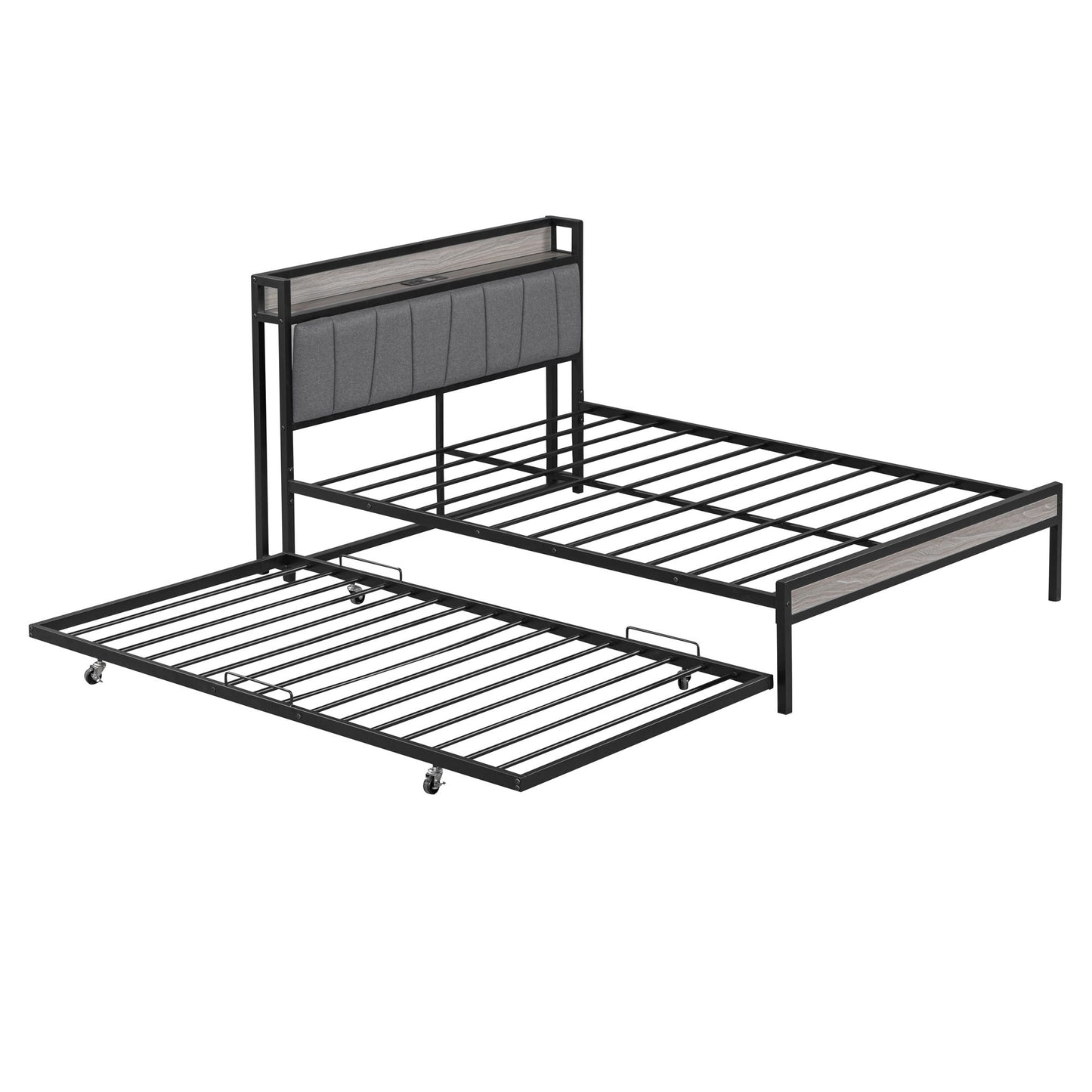 Platform Bed Frame With Trundle, USB Ports And Slat Support, No Box Spring Needed