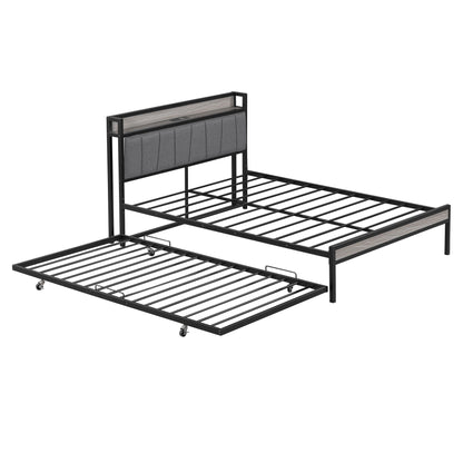 Platform Bed Frame With Trundle, USB Ports And Slat Support, No Box Spring Needed