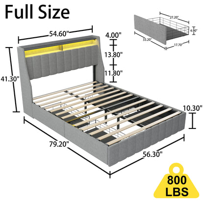 Bed With LED Lights, 4 Drawers, Winged Headboard Upholstered