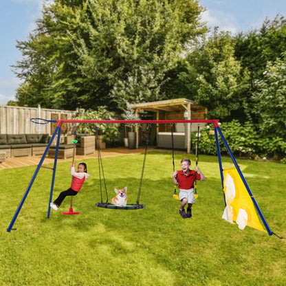 5 In 1 Swing Set With Textilene Swing And Tree Swing Disc Metal Plastic Safe Swing Seat For Outdoor Playground - Blue / Green