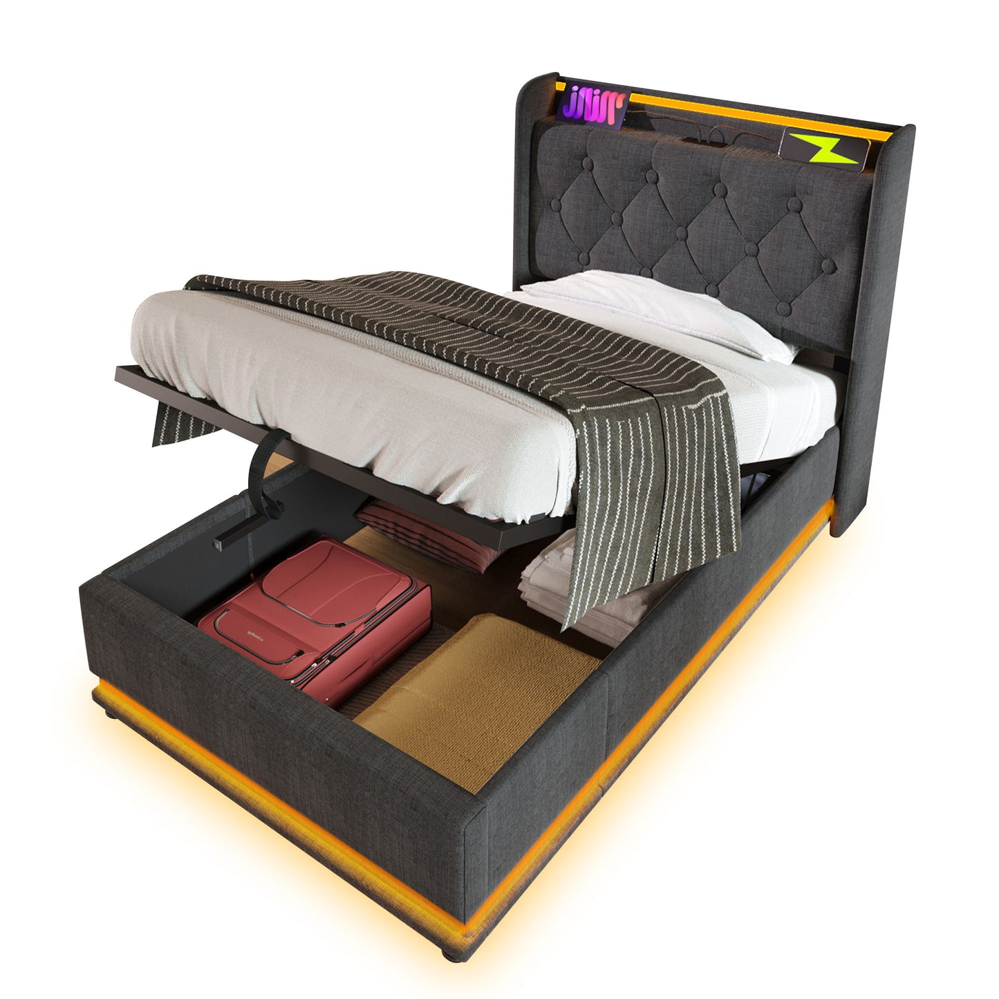 Upholstered Bed, 360 Surround LED Function, Remote Control, Hydraulic Storage Bed With USB, Type-C Charging (Without Mattress)