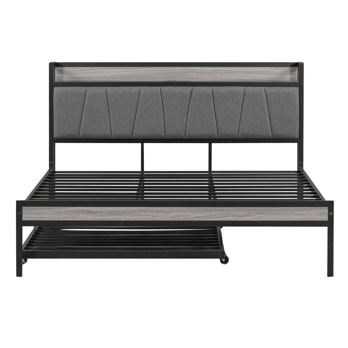Platform Bed Frame With Trundle, USB Ports And Slat Support, No Box Spring Needed