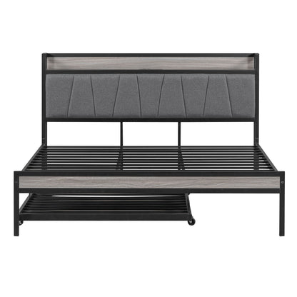 Platform Bed Frame With Trundle, USB Ports And Slat Support, No Box Spring Needed