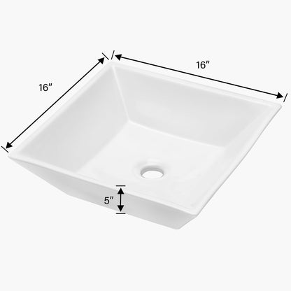 16" 6" Modern European Square Vessel Sink Glossy Porcelain Bathroom Vanity Top Above Counter Ceramic Basin - White