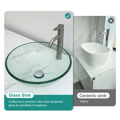 Crackle Vessel Sink, Round Bowl With Pop Up Drain - Clear