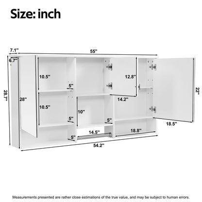 Wall-Mount 3-In-1 Mirror Cabinet With Adjustable Shelf, Soft-Closing Hinges, Rectangular Design - White