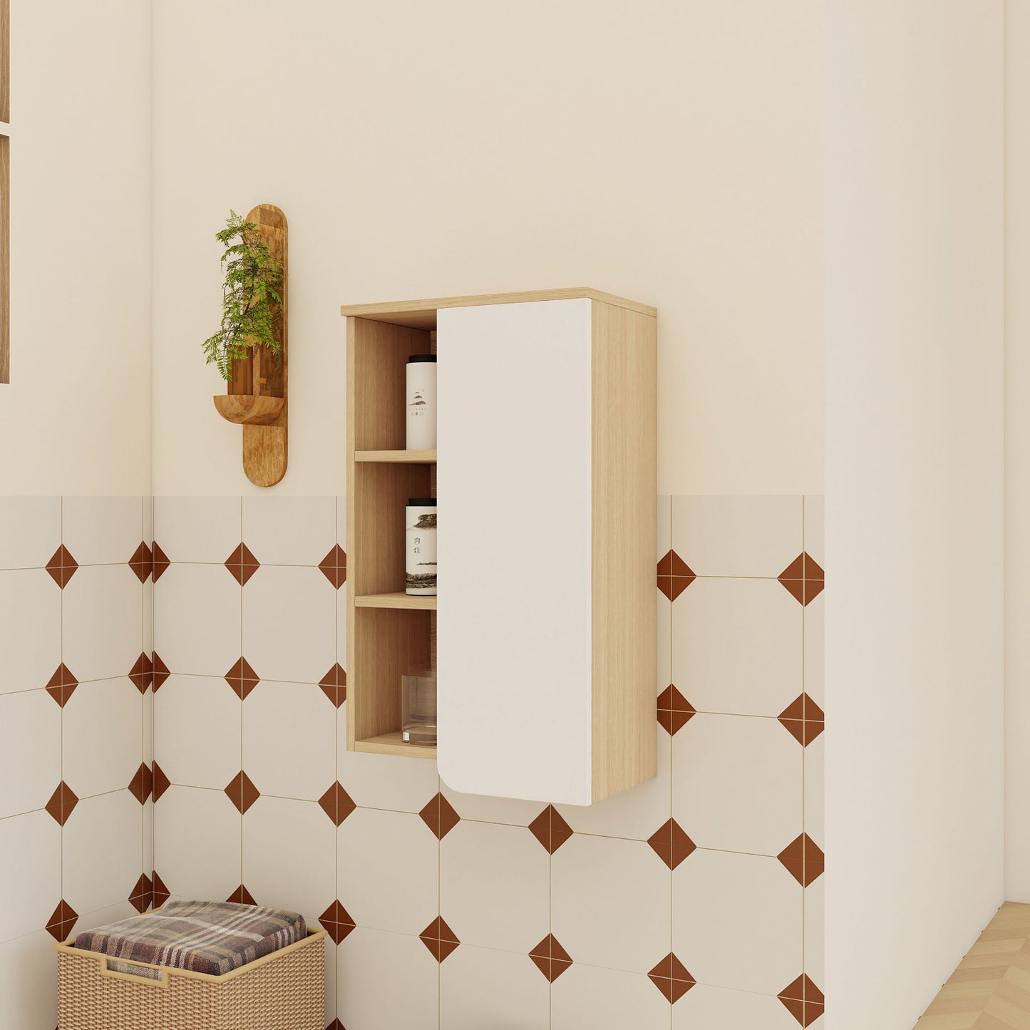 Wall Mounted Bathroom Side Cabinet, Single Door With 3 Tier Open Shelves - Black / Light Oak / White