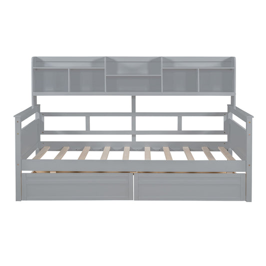 Daybed, Slat Support, With Bedside Shelves And 2 Drawers