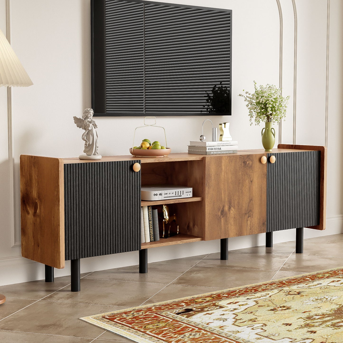Mid Century TV Stand & 3 Cabinets, Media Console Table For Tvs Up To 70'', Entertainment Center With Storage For Living Room - Black / Brown