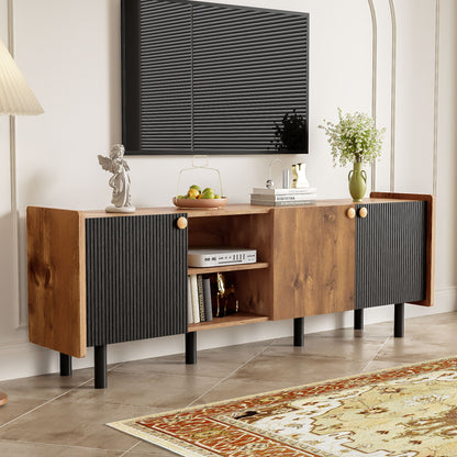 Mid Century TV Stand & 3 Cabinets, Media Console Table For Tvs Up To 70'', Entertainment Center With Storage For Living Room - Black / Brown