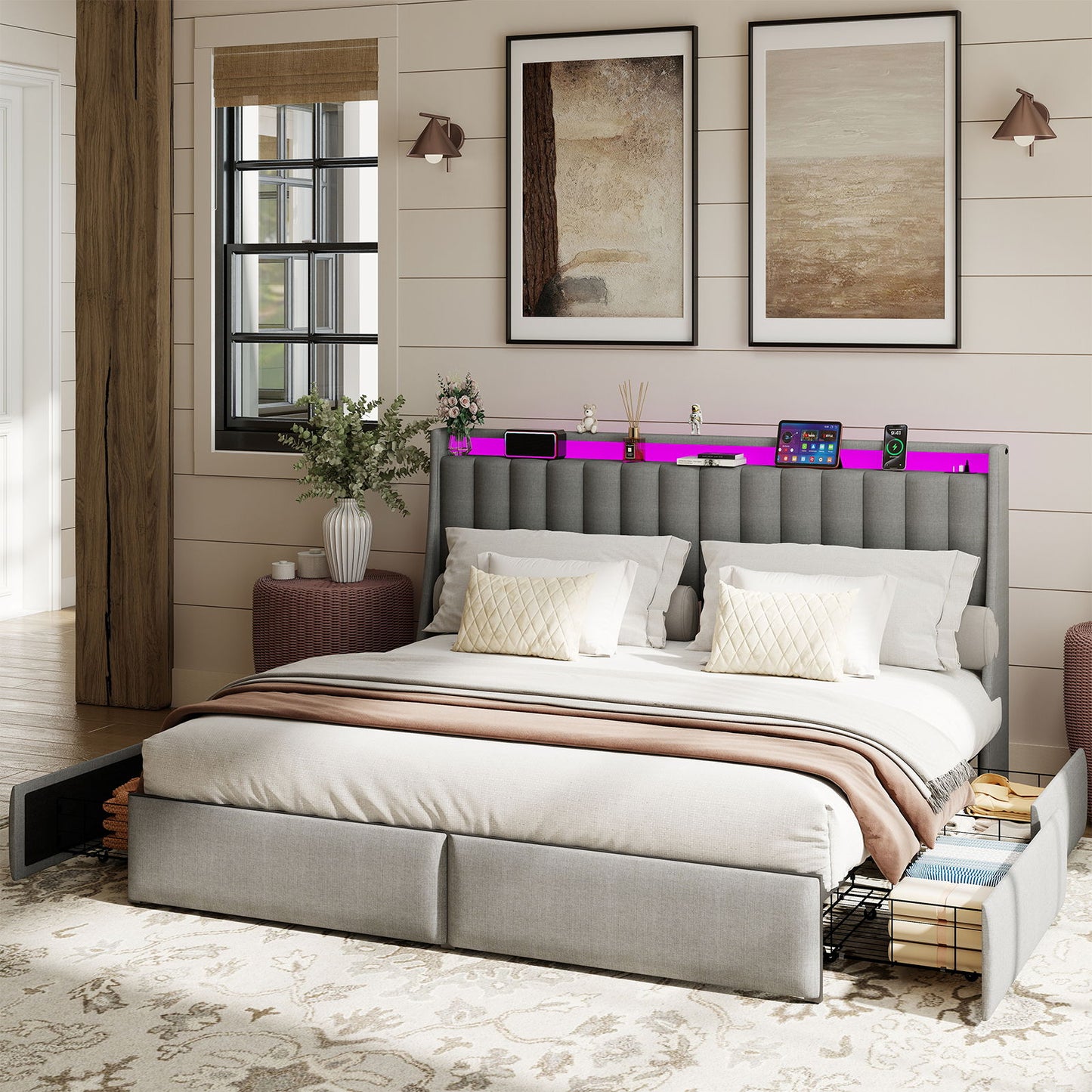 King Upholstered Bed Frame With 4 Storage Drawers, RGB LED Lights & USB / Type-C Charging Station, No Box Spring Needed - Gray