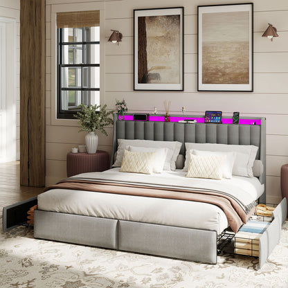 King Upholstered Bed Frame With 4 Storage Drawers, RGB LED Lights & USB / Type-C Charging Station, No Box Spring Needed - Gray