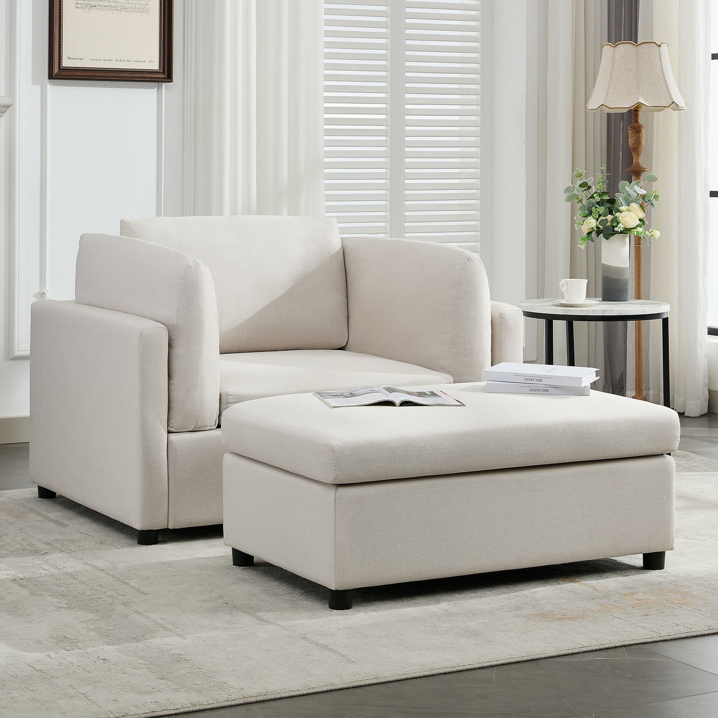 Wide Modern Oversized Armchair With Ottoman Stool, Single Sofa With Lumbar Support, Accent Chair
