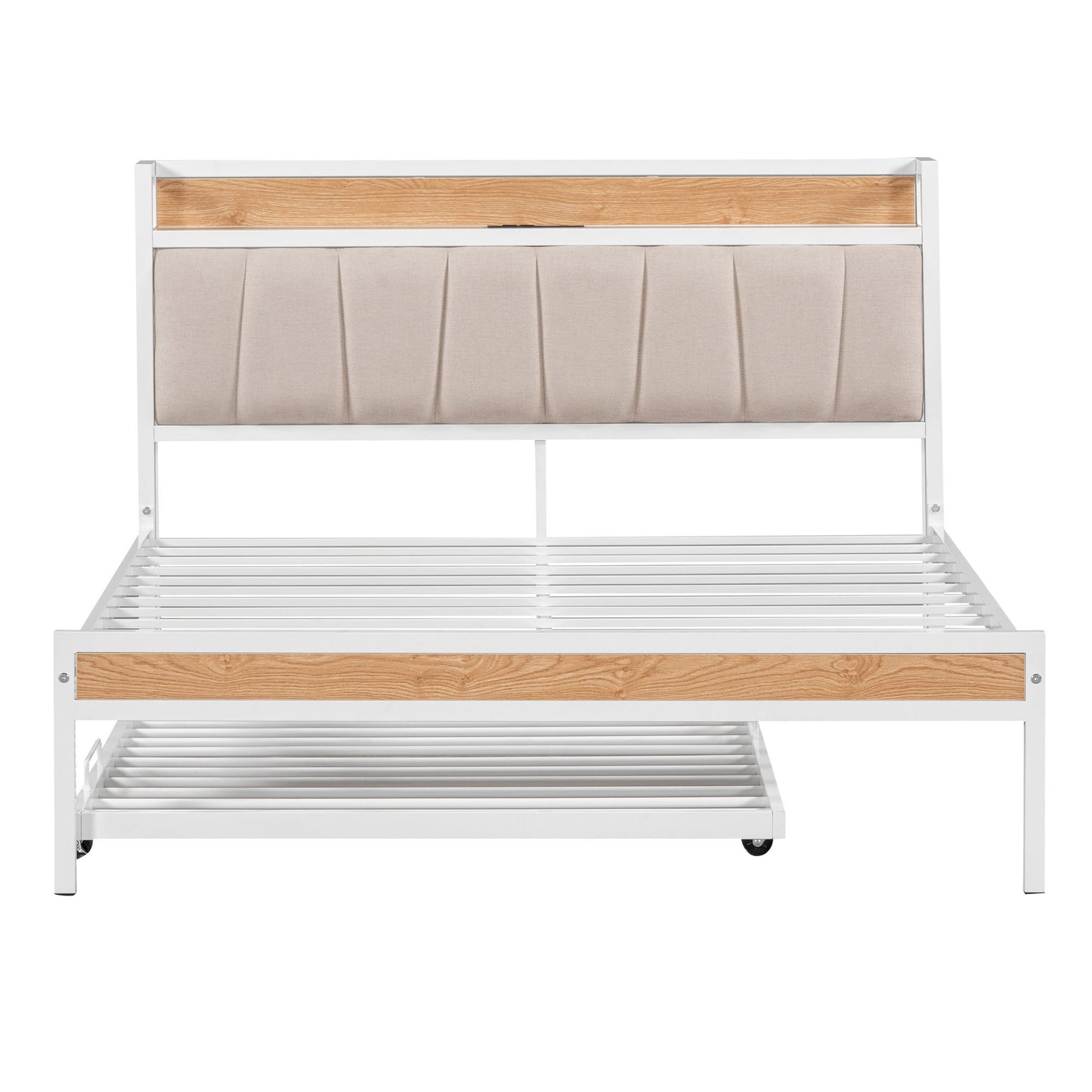 Platform Bed Frame With Trundle, USB Ports And Slat Support, No Box Spring Needed