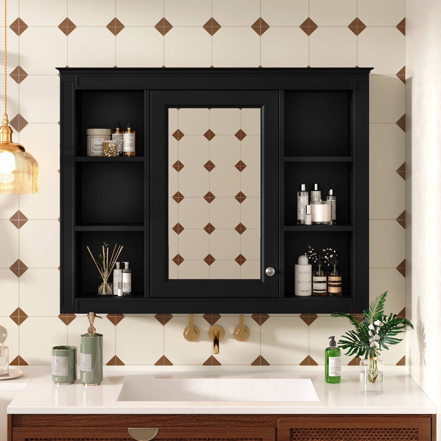 Wall-Mounted Medicine Cabinet With Mirror, 6 Open Shelves And Adjustable Interior - Black