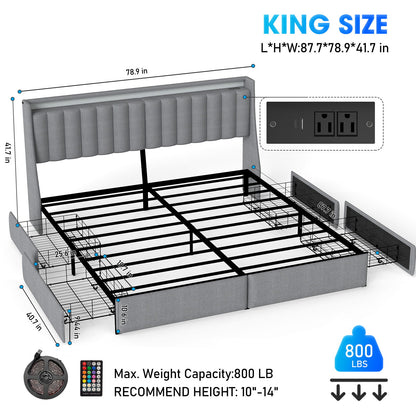 King Upholstered Bed Frame With 4 Storage Drawers, RGB LED Lights & USB / Type-C Charging Station, No Box Spring Needed - Gray
