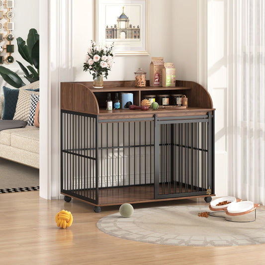 Heavy Duty Dog Crate Furniture For Medium Dog With Lockable Wheels, Wooden Dog Crate Dog Kennel, End Table Crate With Double Layer Storage