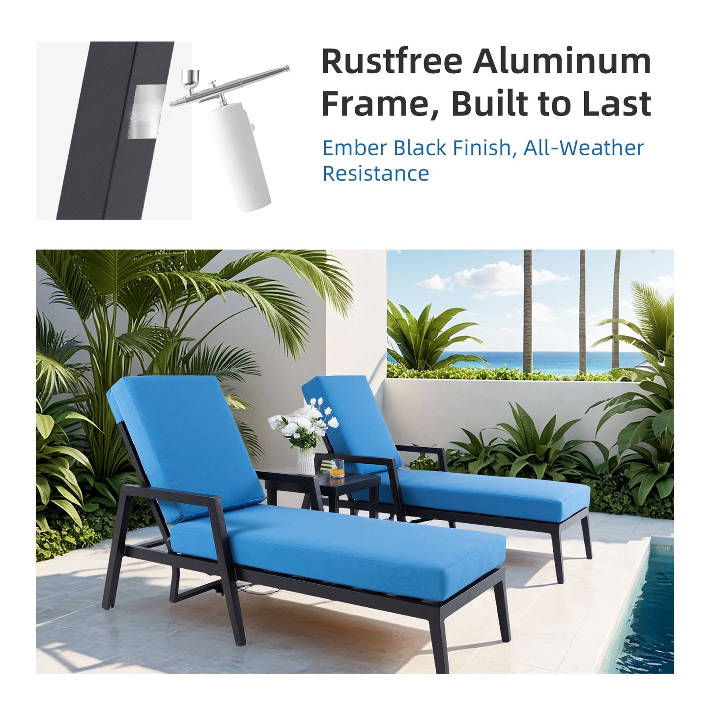 3 Piece Outdoor Patio Lounge Set, 2 Chaise & 1 End Table With Modern Tapered Feet, Pneumatic Adjustable Backrest, Wheels, Sunbrella Cushion - Ember Black / Blue