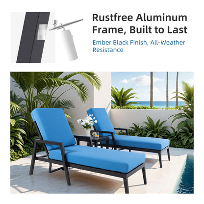 3 Piece Outdoor Patio Lounge Set, 2 Chaise & 1 End Table With Modern Tapered Feet, Pneumatic Adjustable Backrest, Wheels, Sunbrella Cushion - Ember Black / Blue