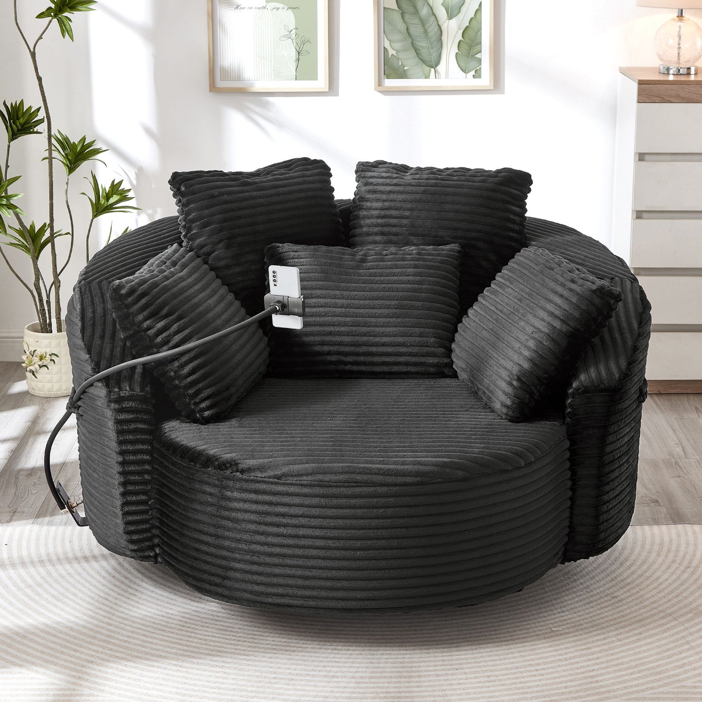 Swivel Accent Barrel Chair With Adjustable Phone Holder, 5 Pillows For Living Room