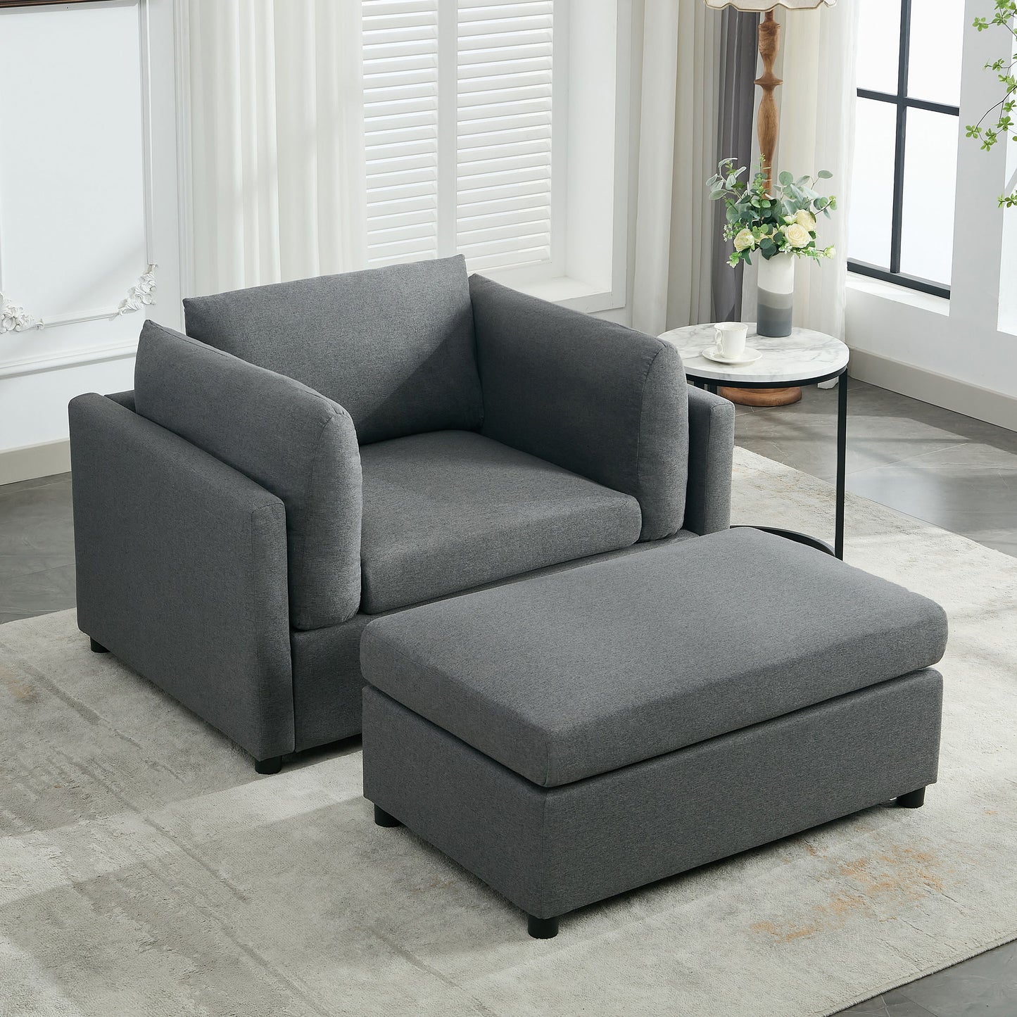 Wide Modern Oversized Armchair With Ottoman Stool, Single Sofa With Lumbar Support, Accent Chair