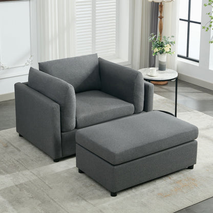 Wide Modern Oversized Armchair With Ottoman Stool, Single Sofa With Lumbar Support, Accent Chair
